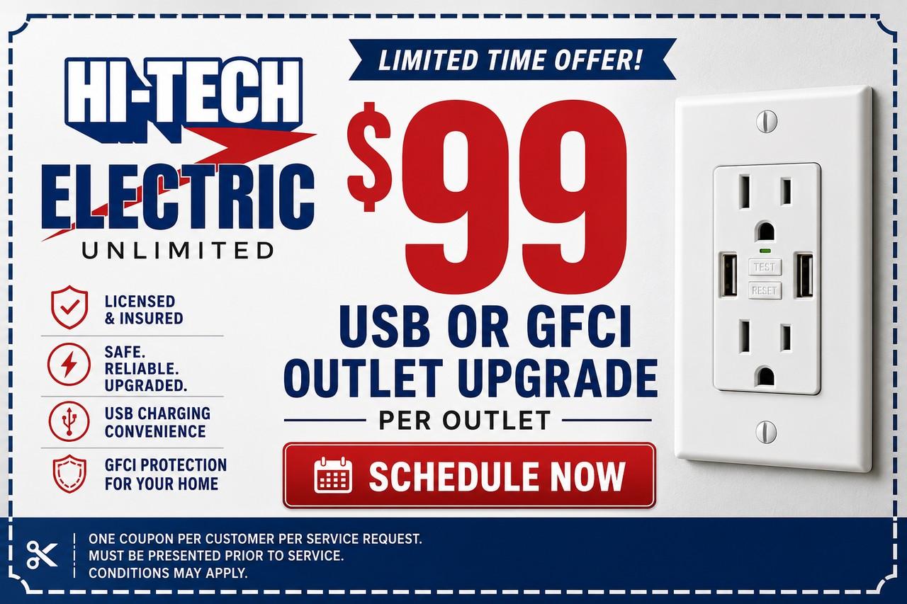 $99 USB or GFCI outlet upgrade — limited-time coupon from Hi Tech Electric Unlimited